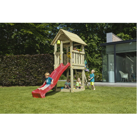 Aire de jeux en bois Kiosk - Hauteur de plateforme 120cm - Toboggan de 230 cm - Bac à sable