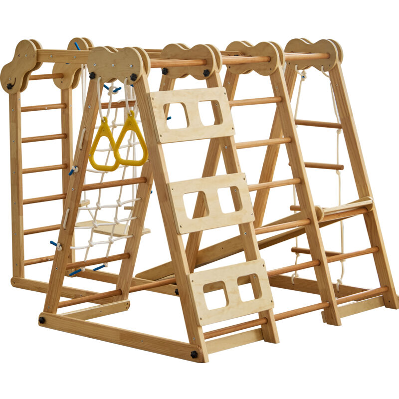 Okwish - Portique d'escalade 7 en 1 avec toboggan, poteau d'escalade, balançoire, corde d'escalade, échelles en filet, pour enfants Certifié EN-71,