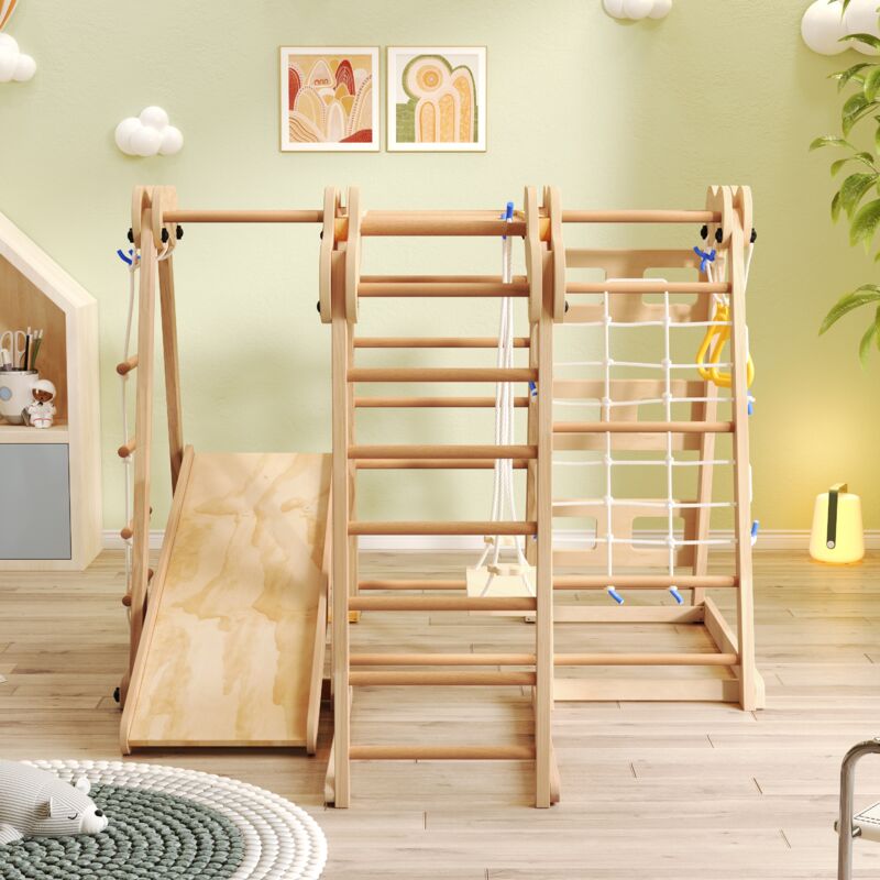 Aire de jeux en bois pliable multifonction 7 en 1 avec toboggan, barre d'escalade, balançoire, corde d'escalade, échelles en filet et plus encore –
