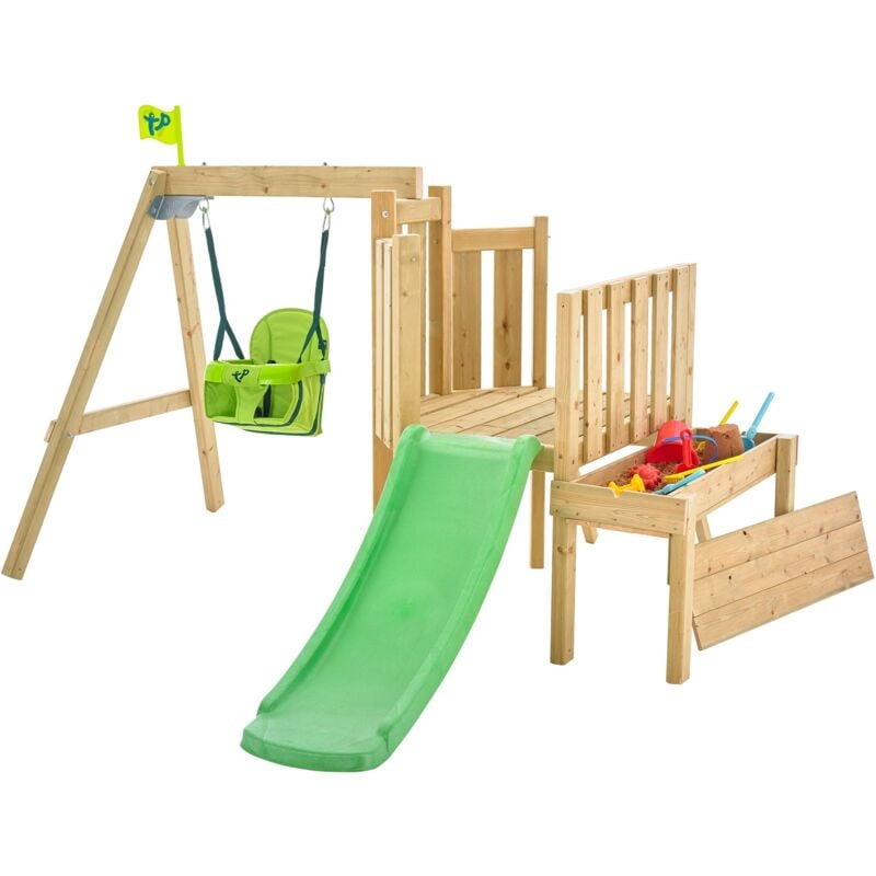 Aire De Jeux En Bois Tp Bambins Des Bois Avec Mur D'escalade, Glissiere Et Siege Bebe Pliant Bal - Fsc Dim L224 x L252 x H131 - Marron, vert