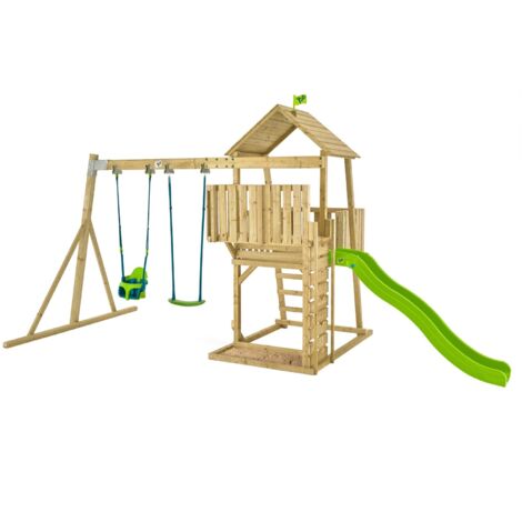 Aire De Jeux En Bois Tp Kingswood Avec Glissiere 1.8m Et Double Agres Bal Tp Et Quadpod 4 En 1 - Fsc Dim L608 X L225 X H306 - Marron, vert