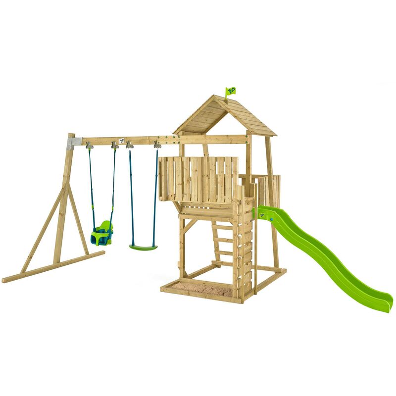 Aire de jeux bois kingswood Tp Toys balancoire / bras de portique / fauteuil bebe / kit d'ancrage / bac a sable h.306 cm - marron - bleu - vert