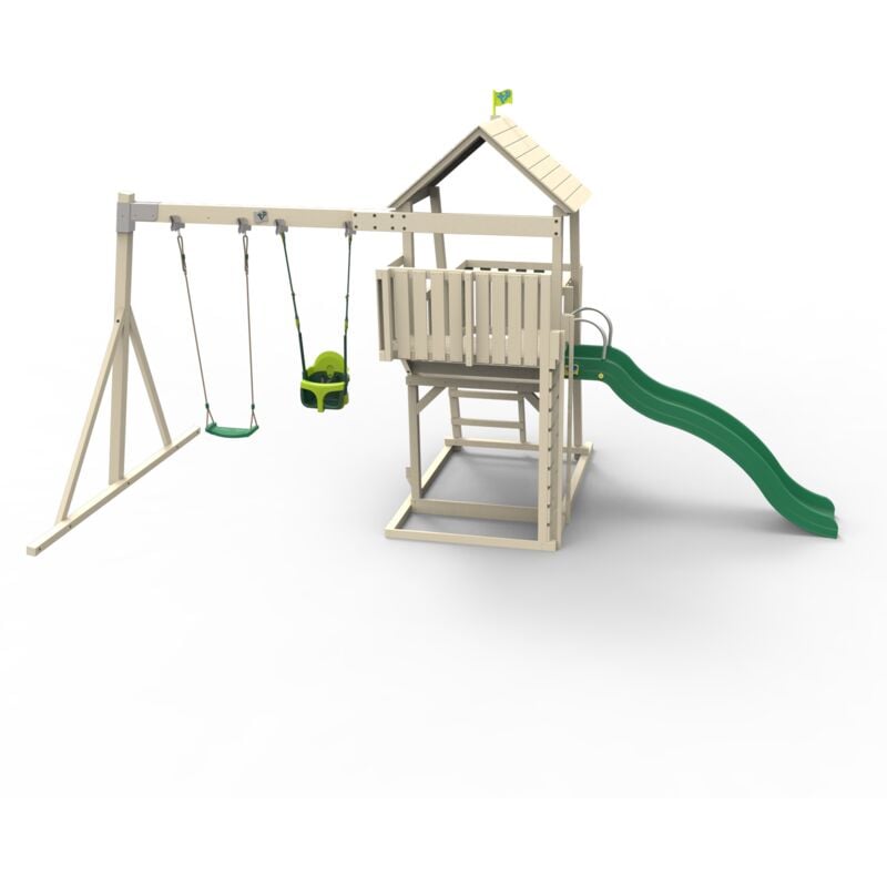 Aire de jeux bois kingswood Tp Toys balancoire / bras de portique / fauteuil bebe / kit d'ancrage / bac a sable h.306 cm - marron - bleu - vert