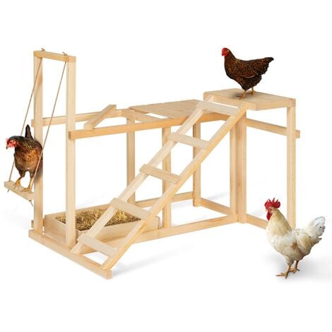Aire de jeux en bois XXL pour poules avec balançoire perchoir échelle bain de poussière - Bois-clair