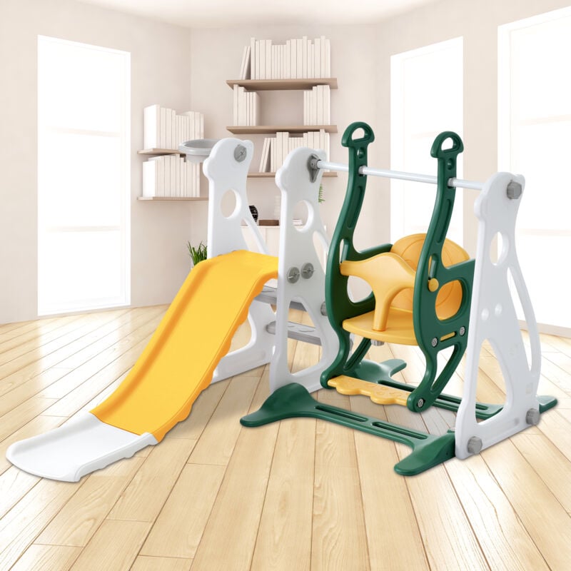 Cadeau de Noël Toboggan Aire de jeux enfant 4 en 1 avec balançoire, support de basket-ball pour l'intérieur, vert