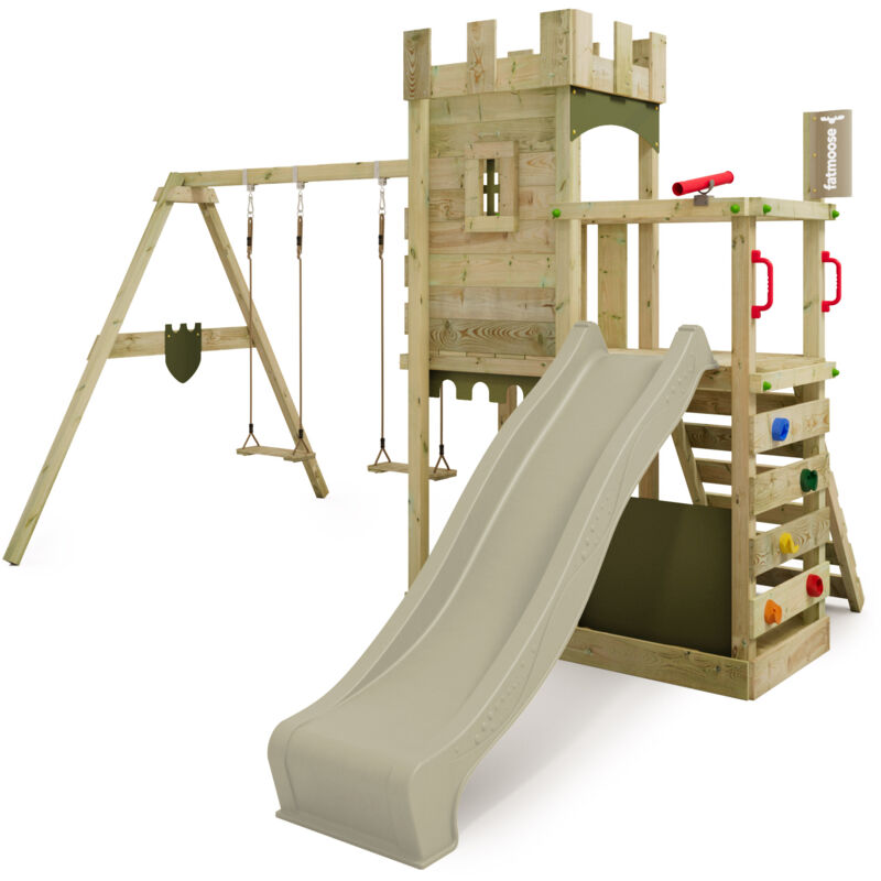 Fatmoose - Tour de jeux Château des chevaliers BoldBaron avec balançoire & Bac à sable, garantie 10 ans, Bac à sable intégré – vert sauge