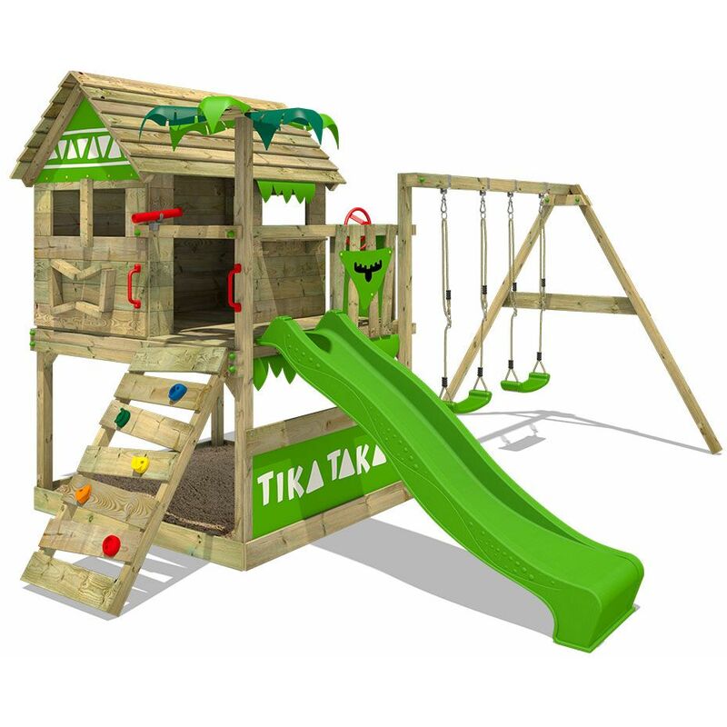Aire de jeux Portique bois TikaTaka avec balançoire et toboggan vert pomme Cabane enfant exterieur avec bac à sable, échelle d'escalade & accessoires