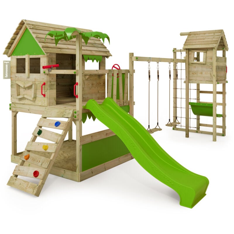 Tour de jeux Portique d'escalade TikaTaka avec toboggan & TowerSwing, tour d'escalade avec bac à sable, Échelle & accessoires de jeu - vert pomme