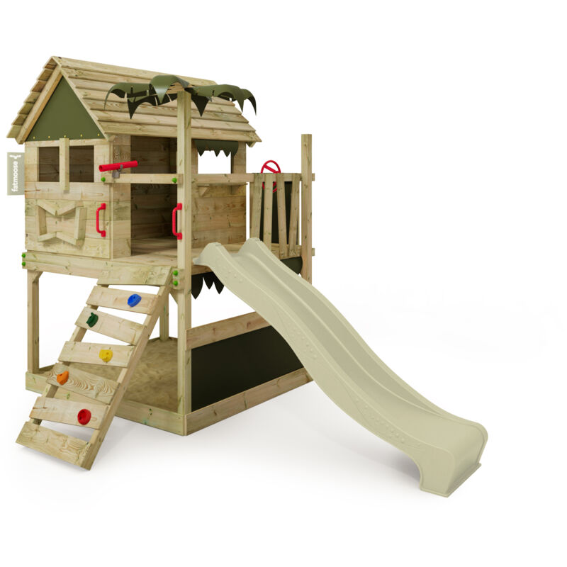 FATMOOSE Tour de jeux Portique d'escalade TikaTaka avec toboggan, tour d'escalade avec bac à sable, Échelle & accessoires de jeu - vert sauge