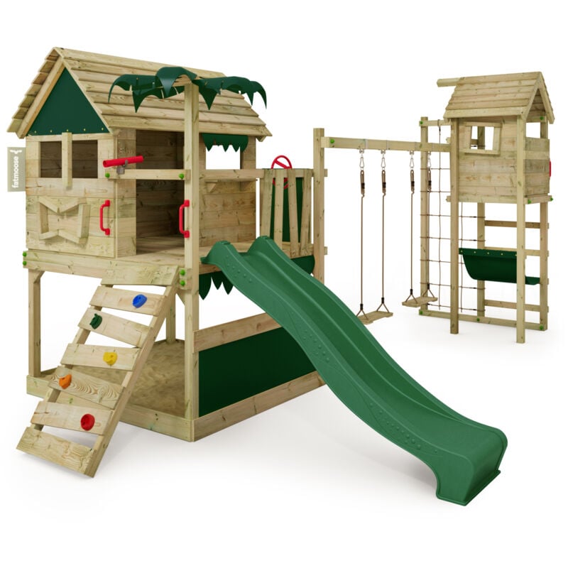Tour de jeux Portique d'escalade TikaTaka avec toboggan & TowerSwing, tour d'escalade avec bac à sable, Échelle & accessoires de jeu - vert - Fatmoose