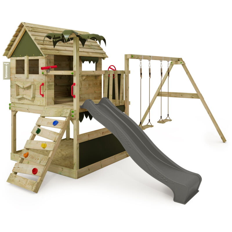 FATMOOSE Tour de jeux Portique d'escalade TikaTaka avec toboggan & Balançoire, tour d'escalade avec bac à sable, Échelle & accessoires de jeu
