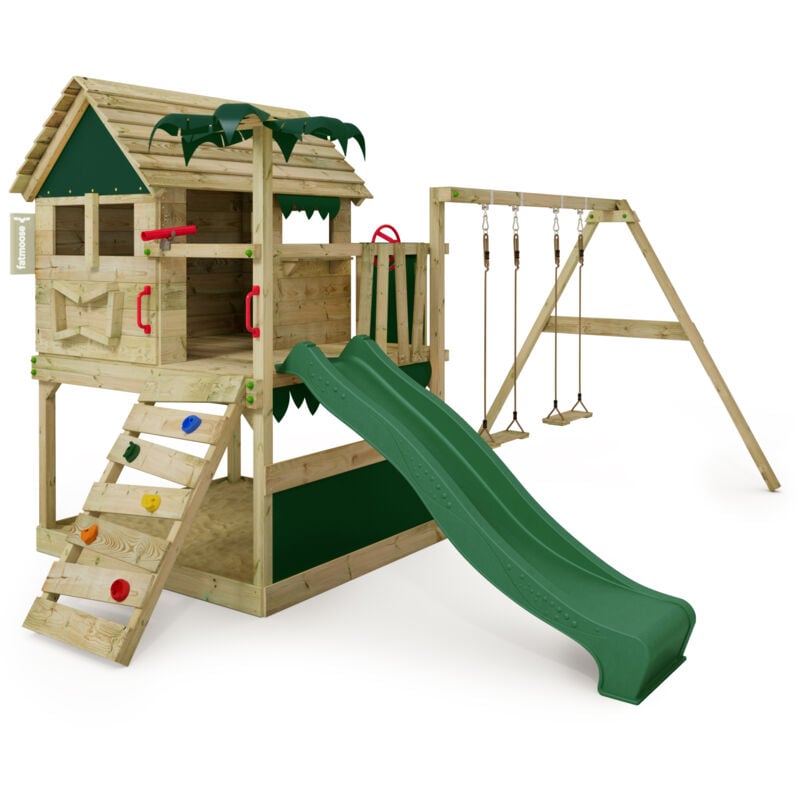 Tour de jeux Portique d'escalade TikaTaka avec toboggan & Balançoire, tour d'escalade avec bac à sable, Échelle & accessoires de jeu - vert - Fatmoose