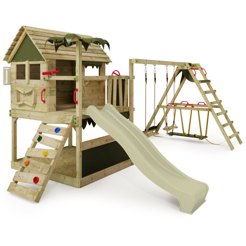 Tour de jeux Portique d'escalade TikaTaka avec toboggan & SurfSwing, tour d'escalade avec bac à sable, Échelle & accessoires de jeu - vert sauge