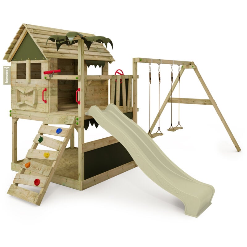 Tour de jeux Portique d'escalade TikaTaka avec toboggan & Balançoire, tour d'escalade avec bac à sable, Échelle & accessoires de jeu - vert sauge