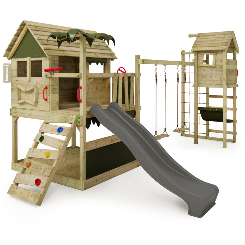 Tour de jeux Portique d'escalade TikaTaka avec toboggan & TowerSwing, tour d'escalade avec bac à sable, Échelle & accessoires de jeu - anthracite