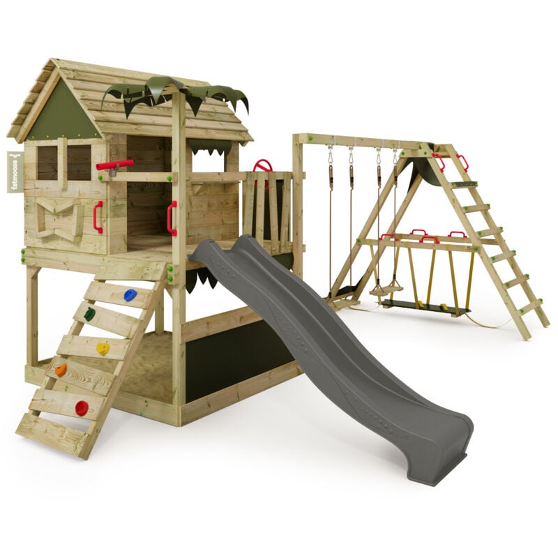 FATMOOSE Tour de jeux Portique d'escalade TikaTaka avec toboggan & SurfSwing, tour d'escalade avec bac à sable, Échelle & accessoires de jeu