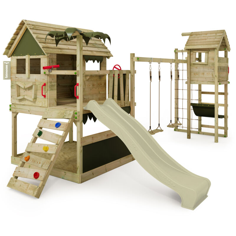 FATMOOSE Tour de jeux Portique d'escalade TikaTaka avec toboggan & TowerSwing, tour d'escalade avec bac à sable, Échelle & accessoires de jeu - vert