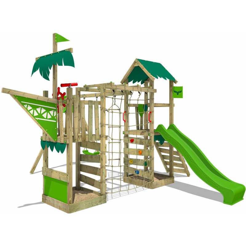 Aire de jeux Portique bois WaterWorld avec balançoire et toboggan vert pomme Maison enfant exterieur avec bac à sable, échelle d'escalade &