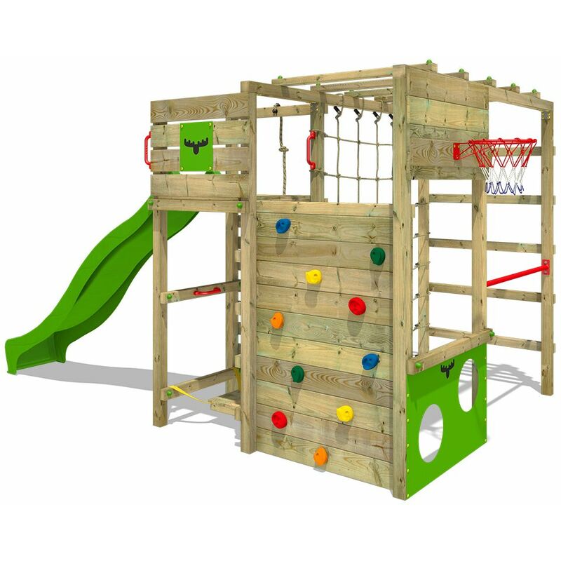 Fatmoose - Aire de jeux Portique bois FitFrame avec toboggan vert pomme Échafaudage grimpant avec mur d'escalade & accessoires de jeux