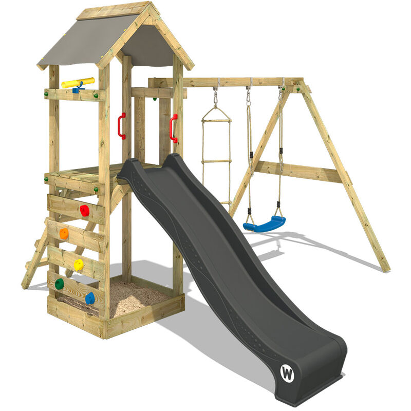Wickey - Aire de jeux Portique bois FreeFlyer avec balançoire et toboggan anthracite Maison enfant exterieur avec bac à sable