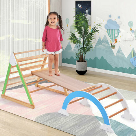 Aire de jeux intérieure arc-en-ciel 5 en 1 - Triangle, triangle d'escalade avec toboggan, échelle d'escalade et arche d'escalade en bois, balançoire Jouets pour moins de 3 ans (couleur bois)