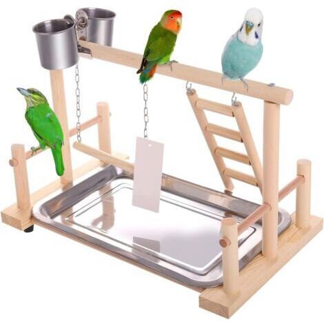 Aire de Jeux Jouet pour Oiseaux Terrain de Jeu pour Perroquet Accessoire de Cage pour Cacatoès avec Mangeoires échelle Balanoire Plateau pour Calopsitte Cockatiel