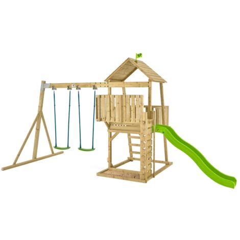 Aire de jeux KINGSWOOD tour - échelle - plateforme - balcon - bac à sable - toboggan - 2 balncoires - bois FSC® h306 cm