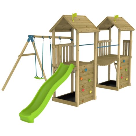 Aire de jeux LAURIER SKYWOOD double tours - pont suspendu - balançoires double - toboggan - bois FSC®