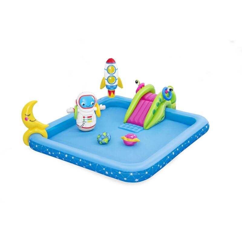 Bestway - Aire de jeux Little Astronaut™, 228 x 206 x 84 cm, toboggan, punching-ball, jeux d'anneaux, 2 frisbee