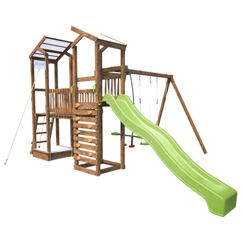 Soulet - Aire de jeux pour enfant 2 tours avec portique et mur d'escalade - funny Big Climbing - Marron