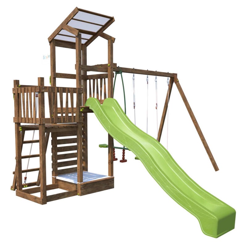 Aire de jeux pour enfant 2 tours avec portique et mur d'escalade - funny Swing & Climbing 150 - Marron
