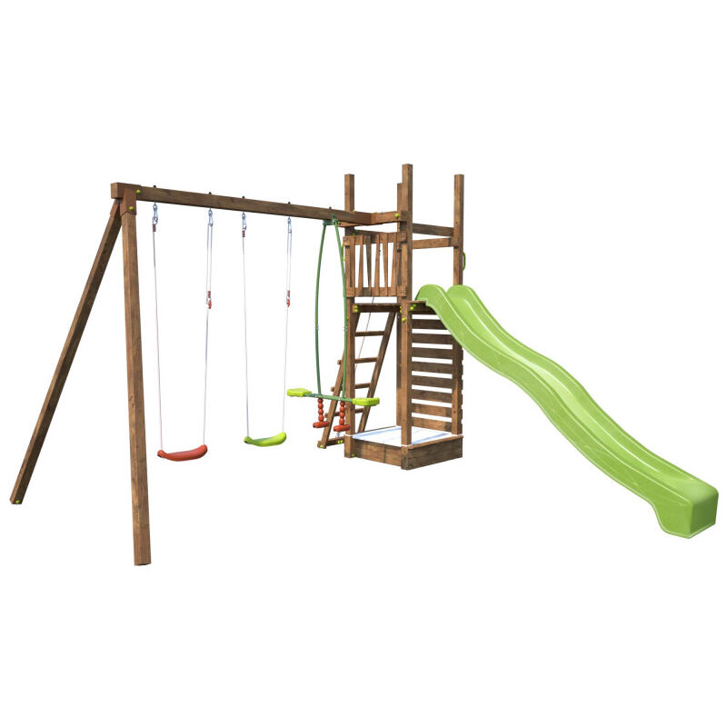 Aire de jeux pour enfant avec portique et mur d'escalade - happy Swing & Climbing 150 - Marron