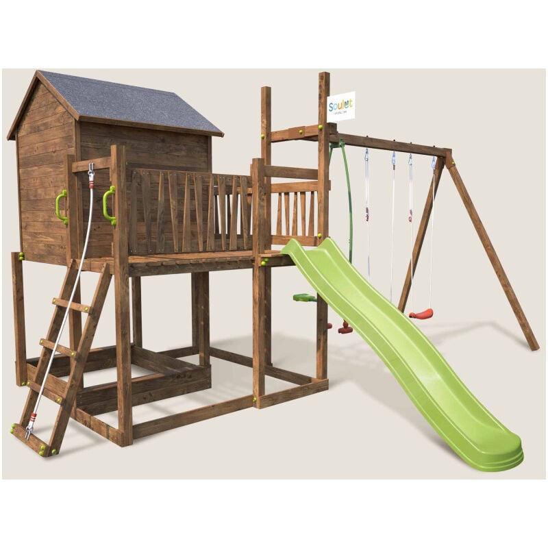 Aire de jeux pour enfant maisonnette avec portique - cottage - Marron