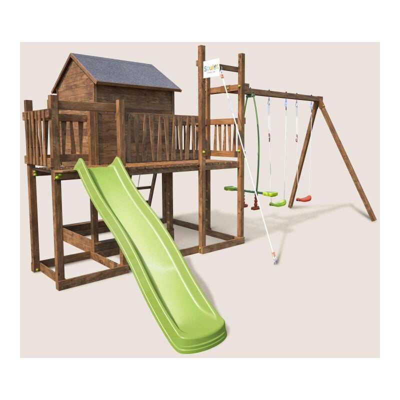 Aire de jeux pour enfant maisonnette avec portique et corde à grimper - cottage happy - Marron