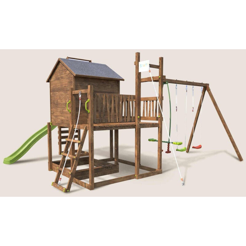Aire de jeux pour enfant maisonnette avec portique et mur d'escalade - cottage funny - Marron