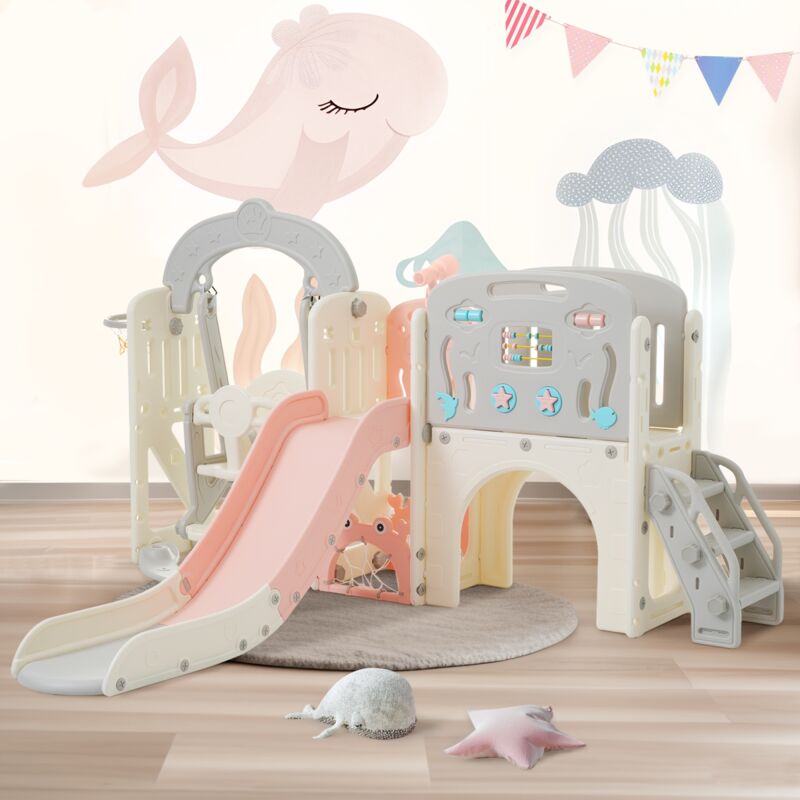 Aire de jeux pour enfants 10 en 1, avec toboggan, balançoire, tunnel arqué, panier de basket et télescope, décor marin - Rose