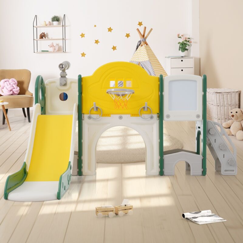 Aire de jeux pour enfants 10 en 1 avec toboggan, escalade, forage, rangements, couloir de jeux, panier de basket, lasso, planche à dessin, golf,