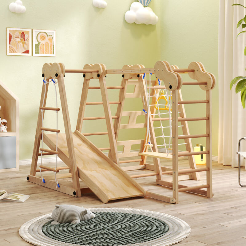 Aire de jeux pour enfants 128x90x116cm, portique d'escalade en bois, balançoire, bois recyclé, marron Hauss Spole
