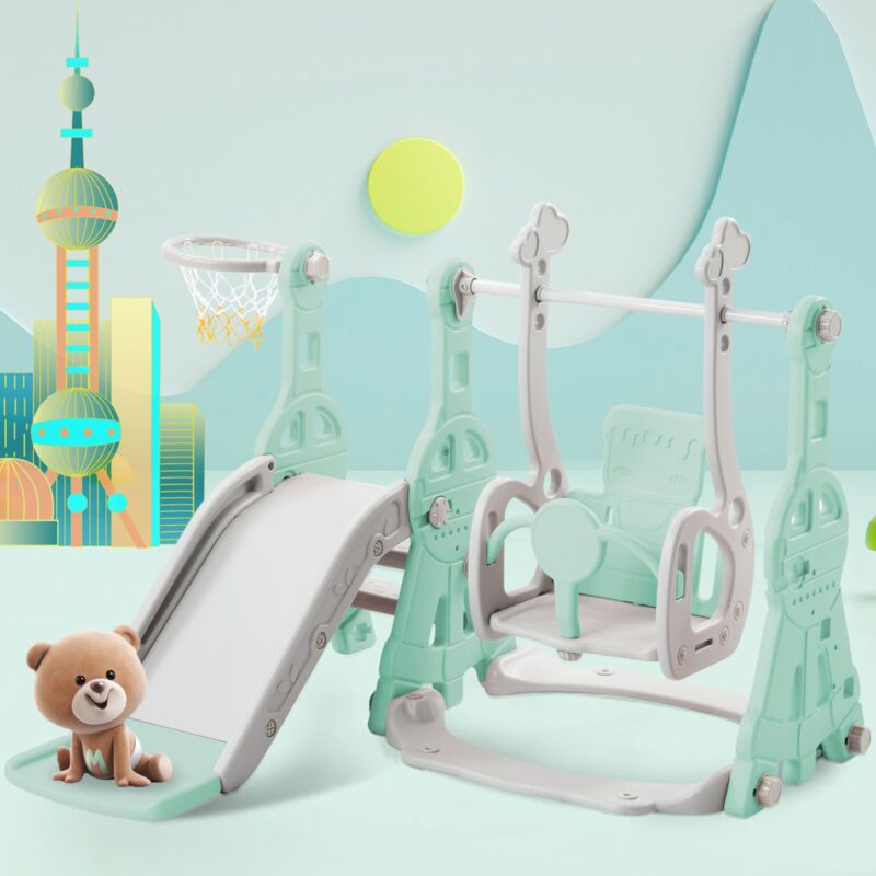 Aire de jeux pour enfants 4 en 1 avec toboggan, balançoire, support de basket-ball, échelle d'escalade, jouet d'escalade - Vert