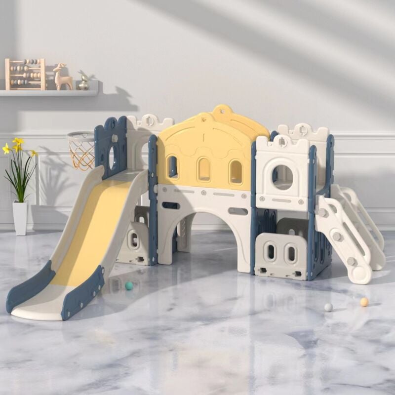 Aire de jeux pour enfants 6 en 1 avec toboggan, jeux d'escalade, jeux de forage, espace de rangement, allée de jeu, panier de basket en pehd,