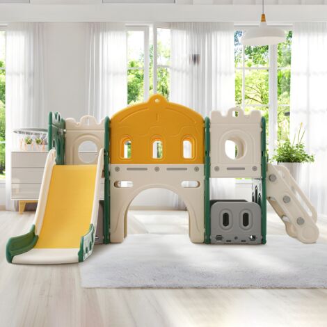 HOFURNI Aire de jeux pour enfants 6 en 1 , aire de jeux de jardin avec échelle d'escalade, tunnel et panier de basket, toboggan multifonctionnel pour enfants pour intérieur et extérieur - vert