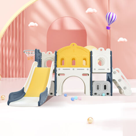 Aire de jeux pour enfants 6 en 1 - avec panier de basket, toboggan, tour d'escalade, passerelle, château - Bleu