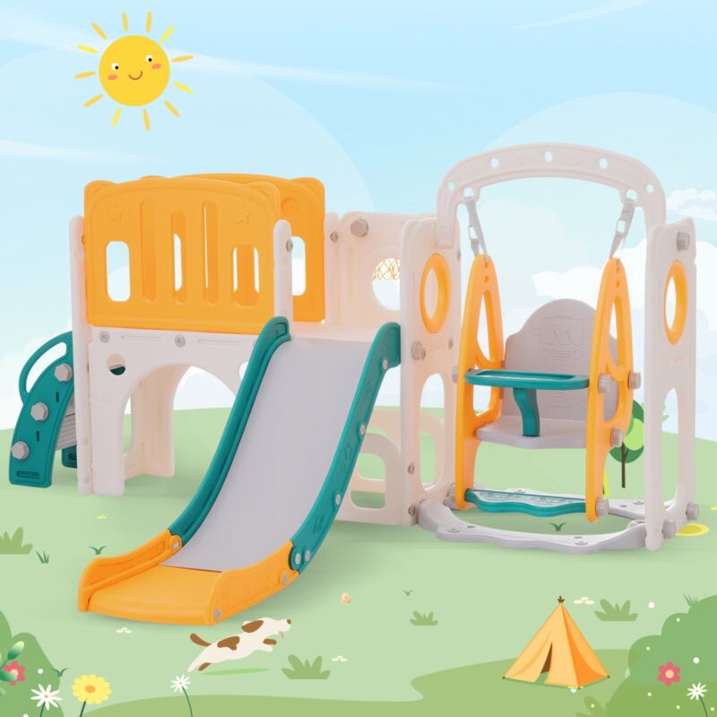 Eifson - Aire de jeux pour enfants 7 en 1, avec toboggan, balançoire, plateforme, armoire de base, jeu de frappe, support de basket-ball et