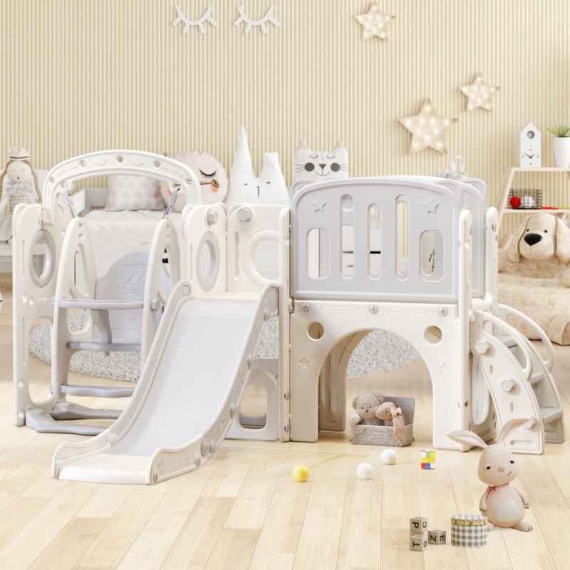 Aire de jeux pour enfants 7 en 1, avec toboggan, balançoire, plateforme, armoire de base, jeu de frappe, support de basket-ball et escaliers, jouet