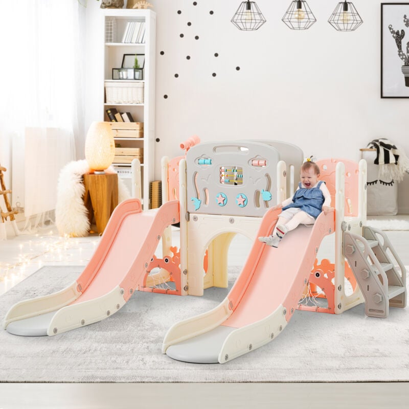 Aire de jeux pour enfants 8 en 1, toboggan, structure d'escalade autoportante pour tout-petits, pour intérieur, couleur rose bébé, 194x167x98 cm