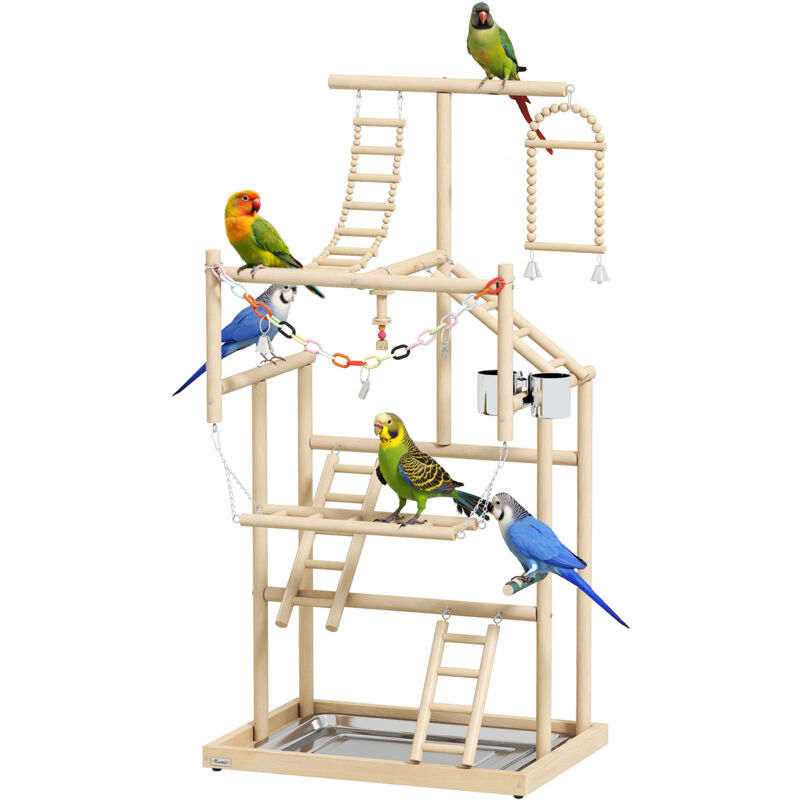 Aire de jeux pour oiseaux - PawHut - avec échelles, jouet à chaîne, plateau, mangeoire, balançoire - 48 x 38 x 95 cm - bois naturel