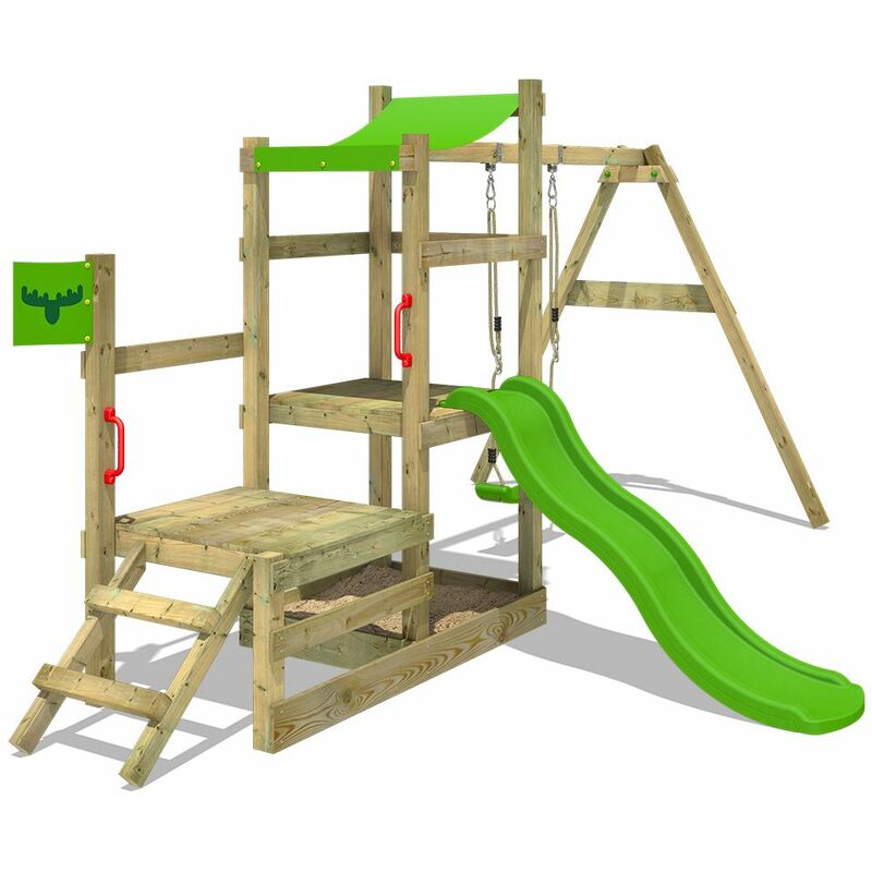 Aire de jeux Portique bois RabbitRally avec balançoire et toboggan vert pomme Maison enfant exterieur avec bac à sable, échelle d'escalade &