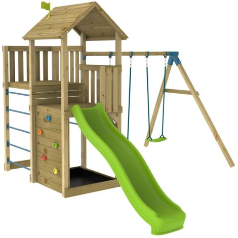 Aire de jeux SARRIETTE SKYWOOD double plateformes balançoire - toboggan - bac à sable - bois FSC®