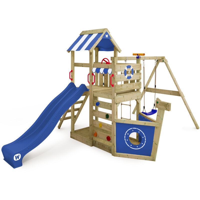 Aire de jeux Portique bois SeaFlyer avec balançoire et toboggan bleu Cabane enfant exterieur avec bac à sable, échelle d'escalade & accessoires de