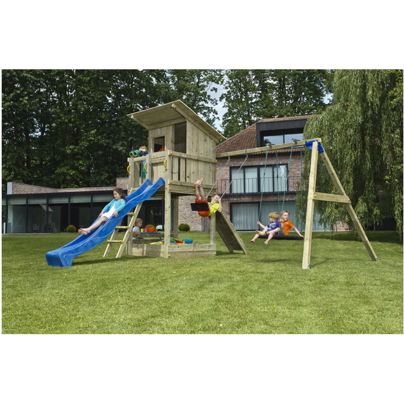 Aire de jeux Beach Hut, en Bois avec hauteur de plateforme 120cm, 2 balancoires et toboggan de 230 cm.